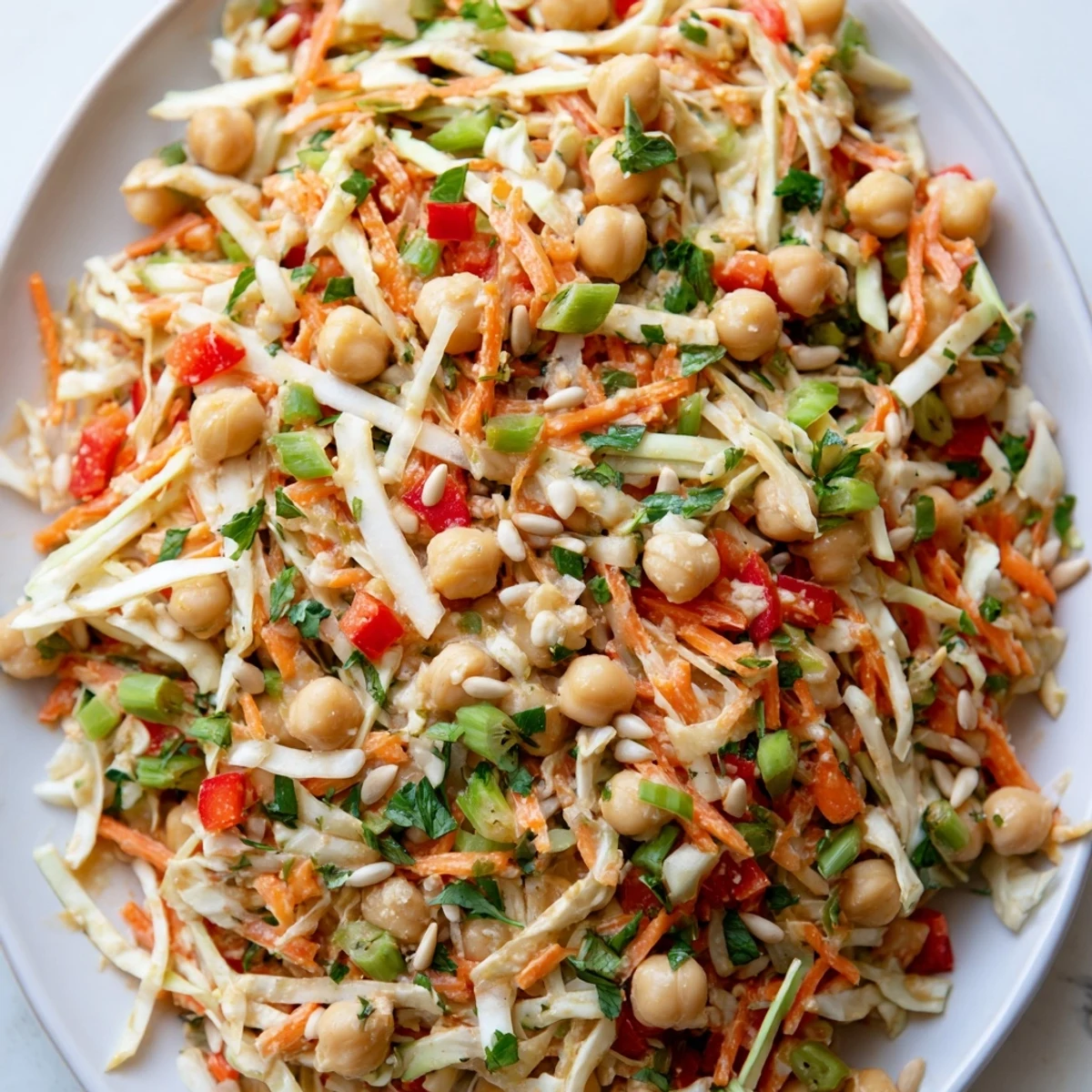 This bright image highlights the fresh ingredients in the delicious Fiber-Forward Chickpea Salad, perfect for any occasion.