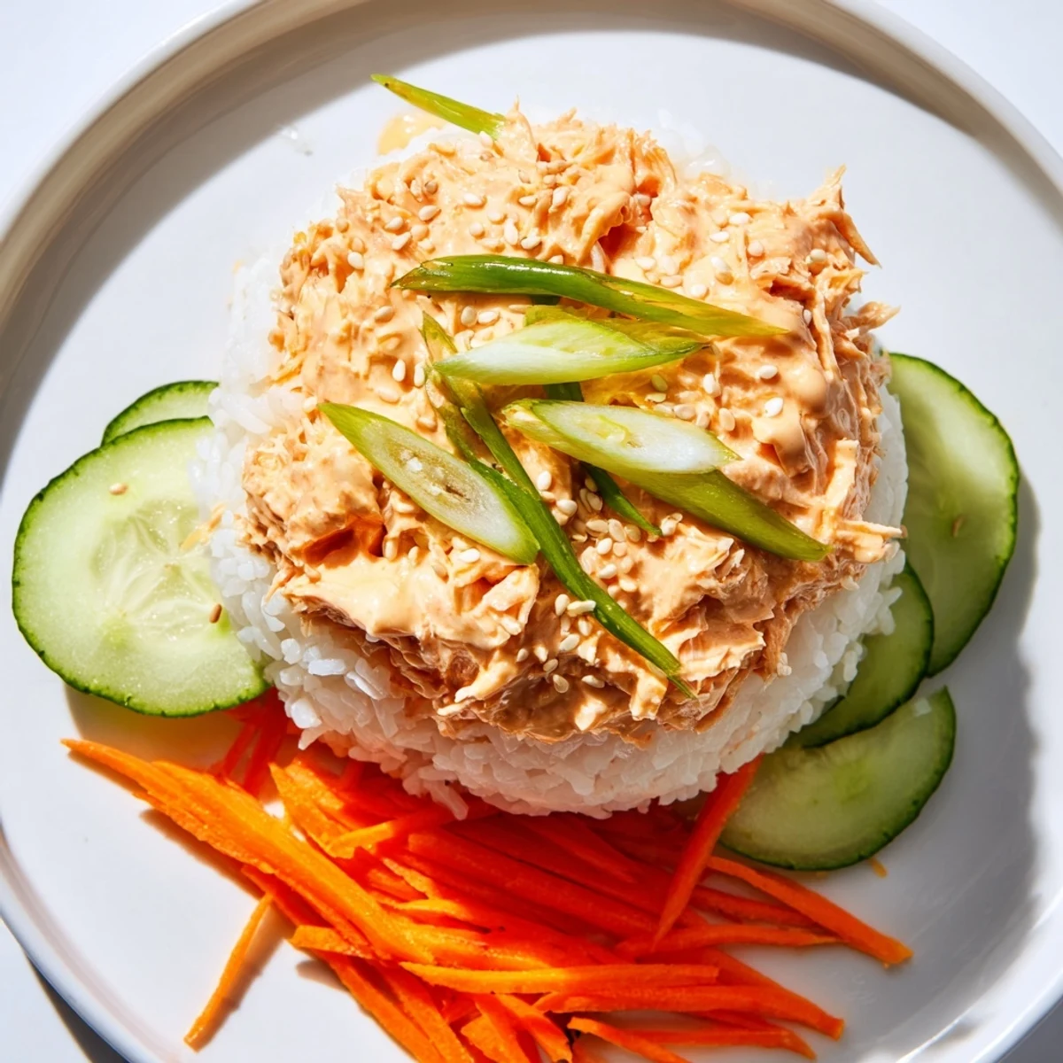 Steaming Spicy Canned Salmon Rice Bowl ready to eat, with colorful veggies and creamy sriracha mayo.