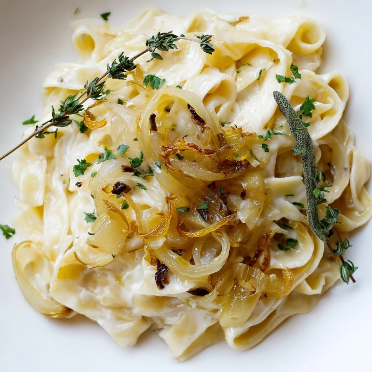 Golden, caramelized onions topping a creamy One-Pot French Onion Pasta, ready to serve and enjoy.
