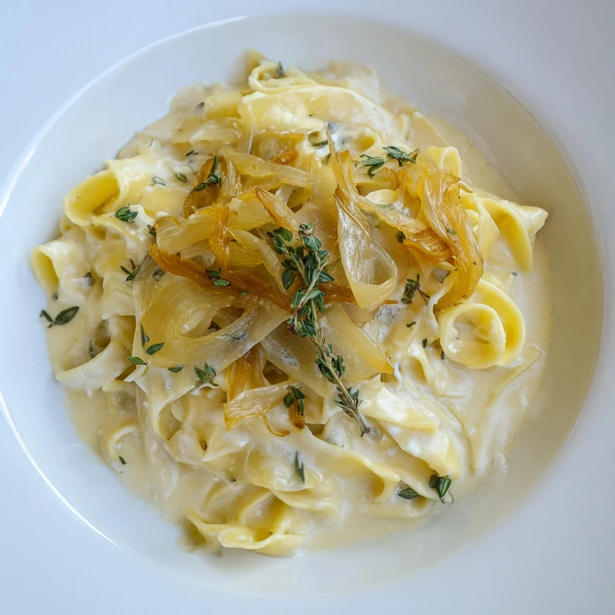 Close-up of the delicious One-Pot French Onion Pasta, showcasing the rich broth and perfectly cooked pasta.