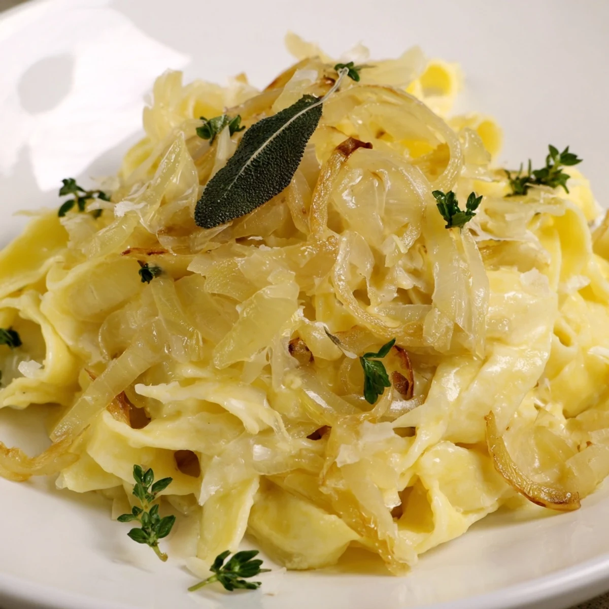 A steaming bowl of One-Pot French Onion Pasta with melted cheese and fresh parsley garnish.