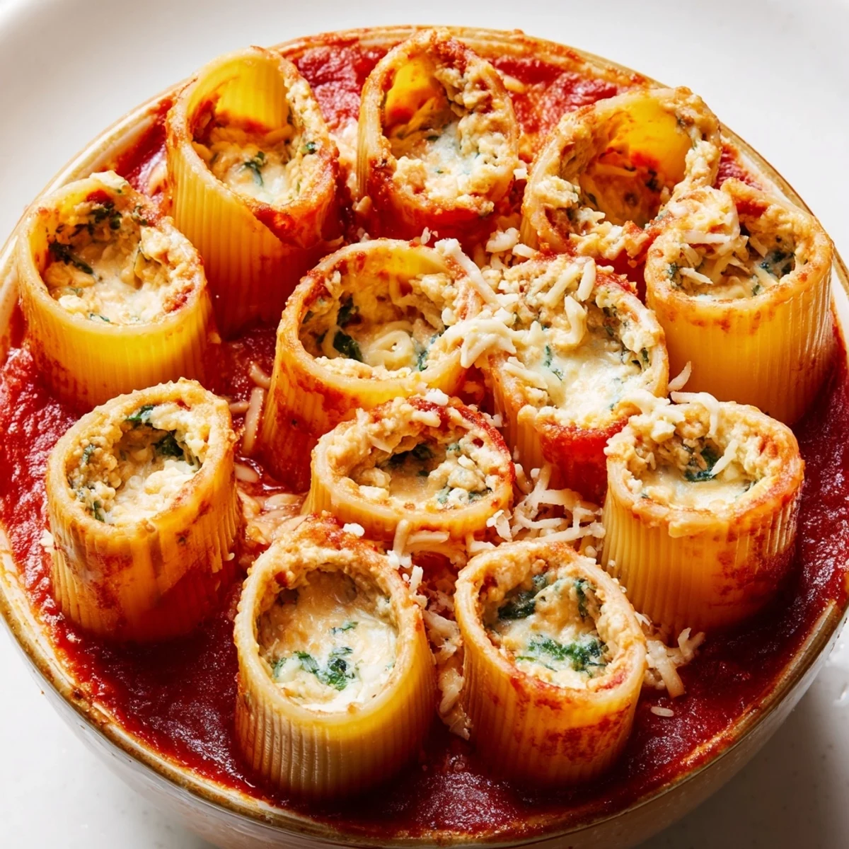 Rigatoni honeycomb pasta bake, a comforting sight with golden cheese and bubbling marinara sauce.