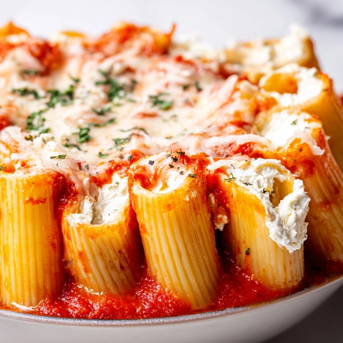 Upright rigatoni tubes in a honeycomb pasta bake, filled with creamy cheese and baked to perfection.