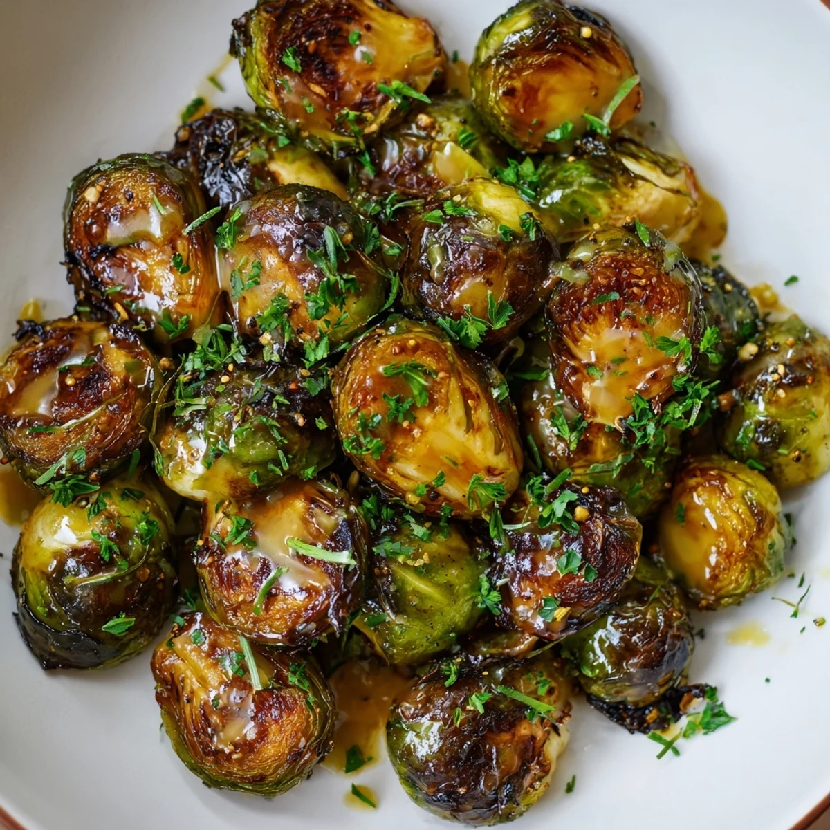A close-up of perfectly caramelized Honey Mustard Glazed Brussels Sprouts, showcasing texture and flavor.