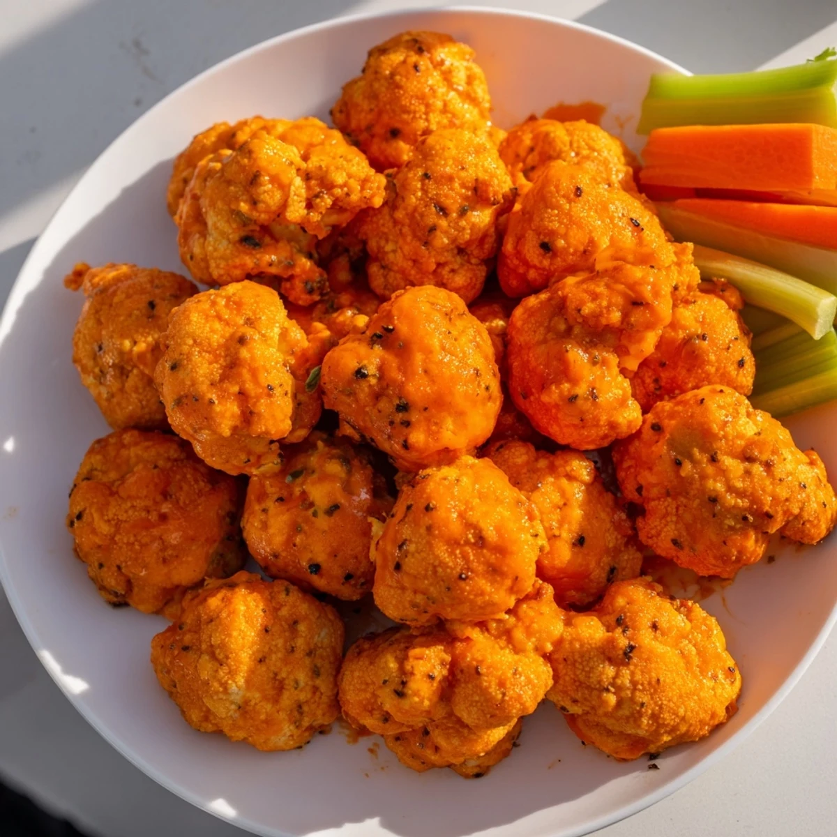 Golden-brown buffalo cauliflower bites, coated in spicy sauce, ready to serve with carrot sticks.