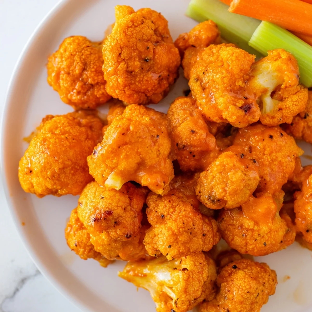 Close-up of freshly cooked buffalo cauliflower bites, air-fried to a perfect, crispy texture.
