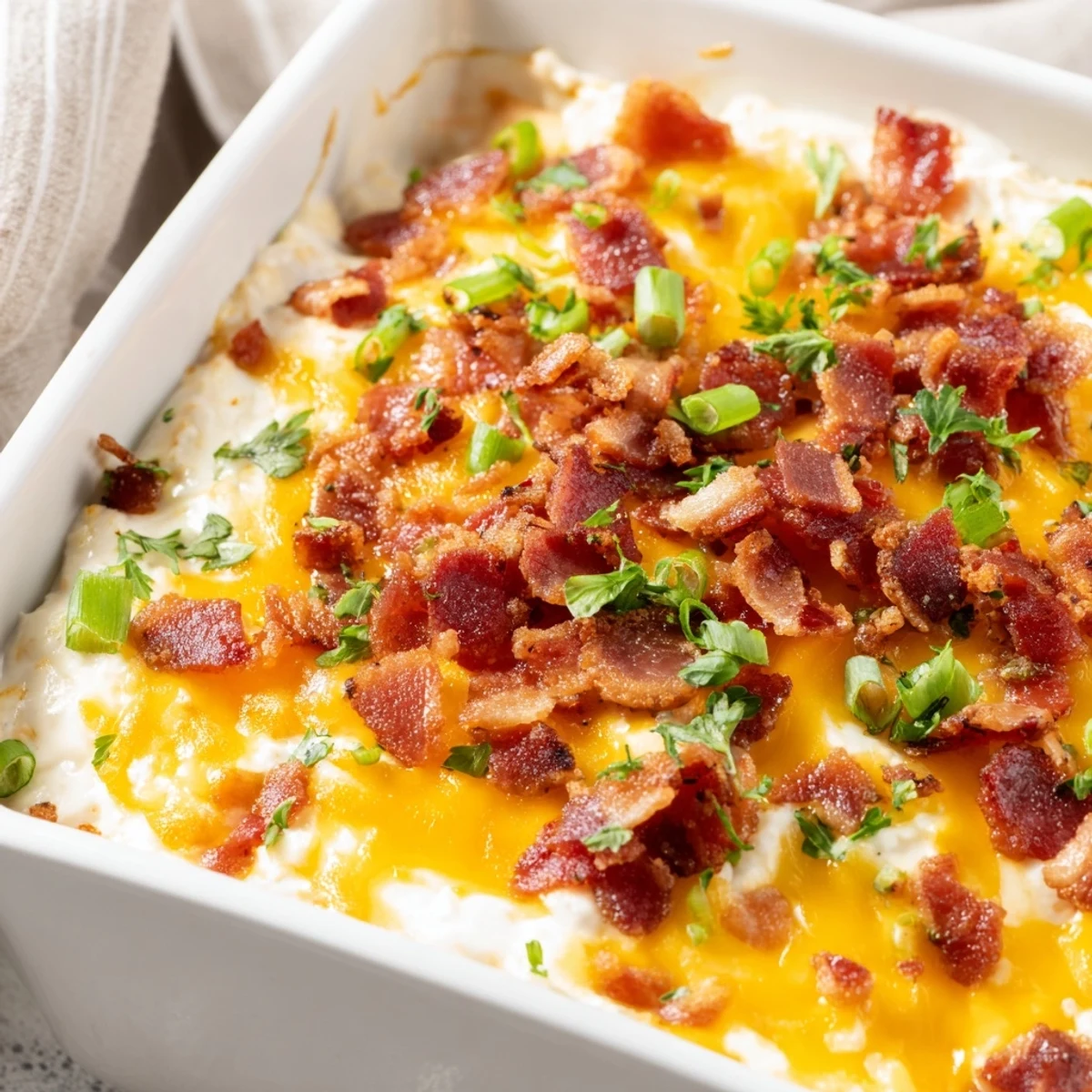 Golden, bubbly Cheesy Bacon Ranch Dip, a crowd-pleasing appetizer brimming with bacon and cheddar.