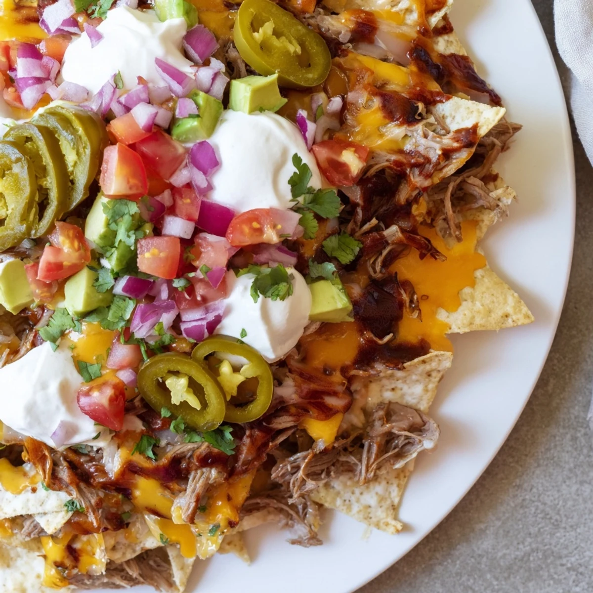 Golden, cheesy Loaded Nachos with pulled pork, a Tex-Mex feast for your taste buds.
