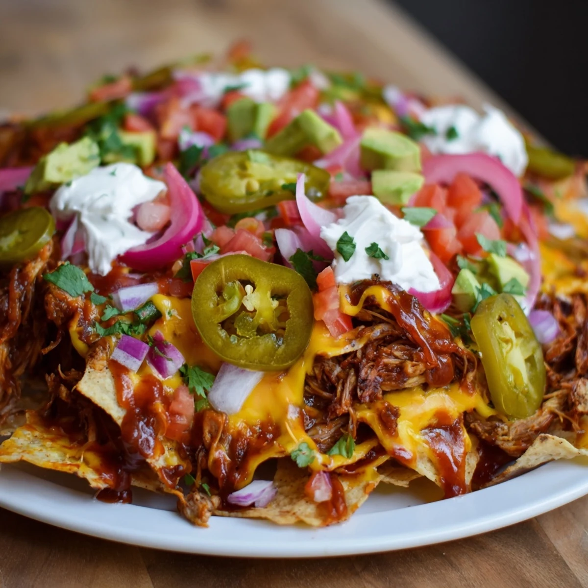 Warm, smoky pulled pork sits atop crispy tortilla chips covered in creamy queso for these Loaded Nachos.