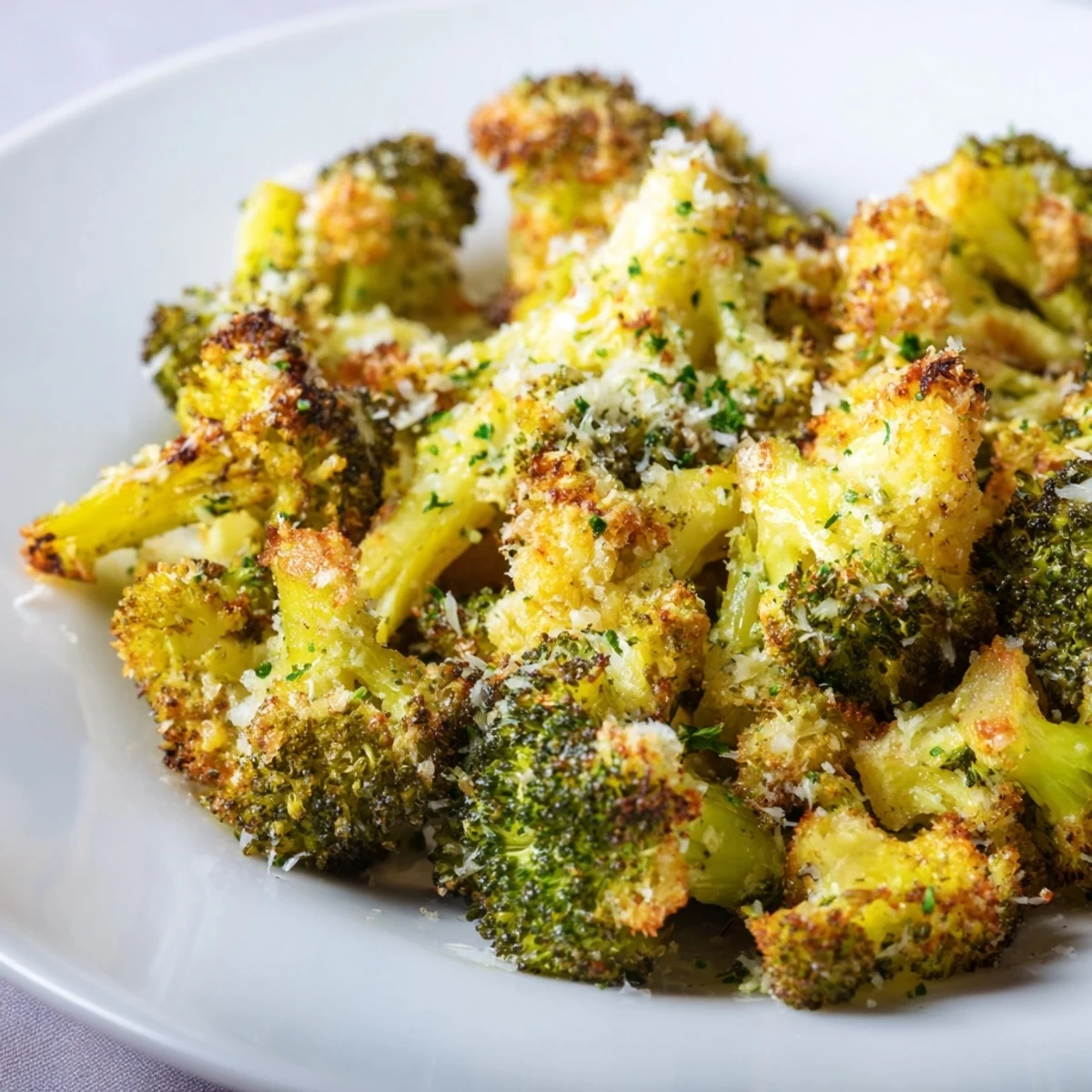 Golden, crispy Garlic Parmesan Roasted Broccoli, ready to be served hot—a healthy, delicious side.