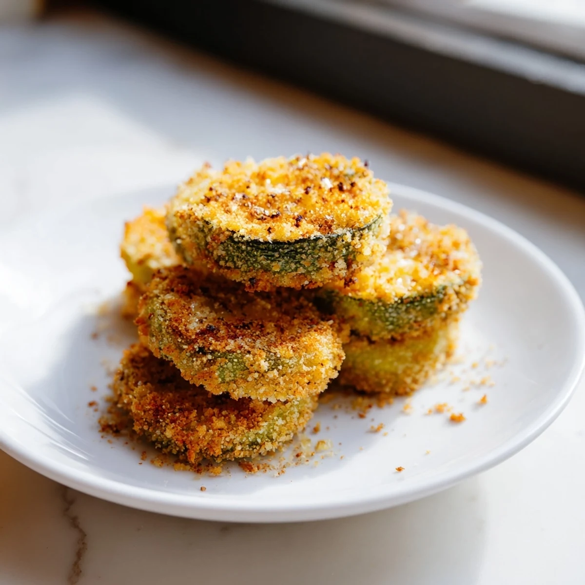 Close-up of golden brown Crispy Fried Pickles, ready to eat, served alongside a cool dipping sauce.