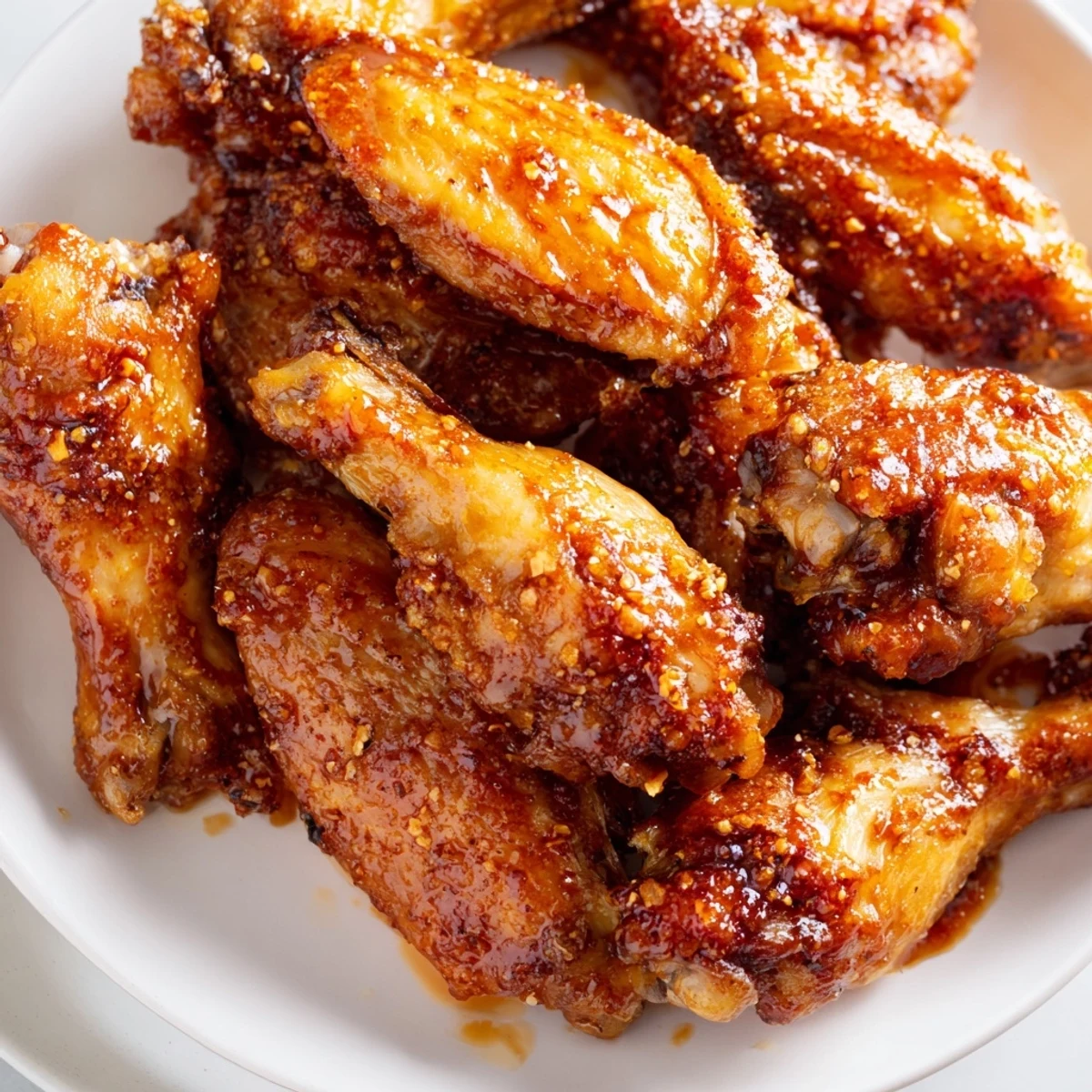 Golden, sticky Baked Sticky Honey BBQ Wings glistening on a serving platter, perfect for sharing at a gathering.