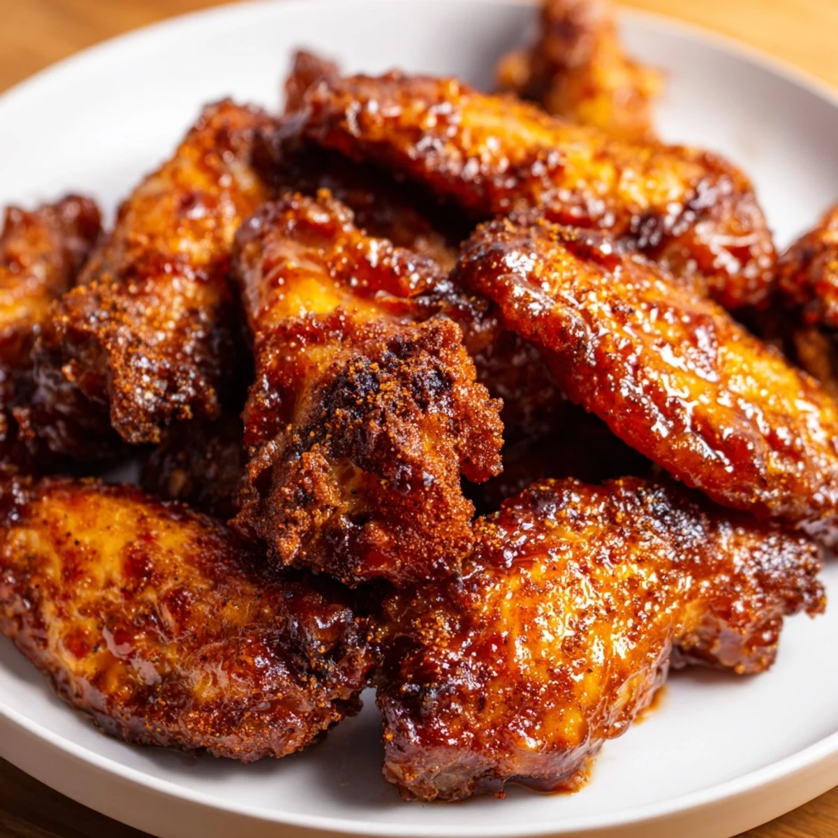 Close-up of crispy Baked Sticky Honey BBQ Wings with a rich, caramelized honey BBQ glaze, ready to eat.