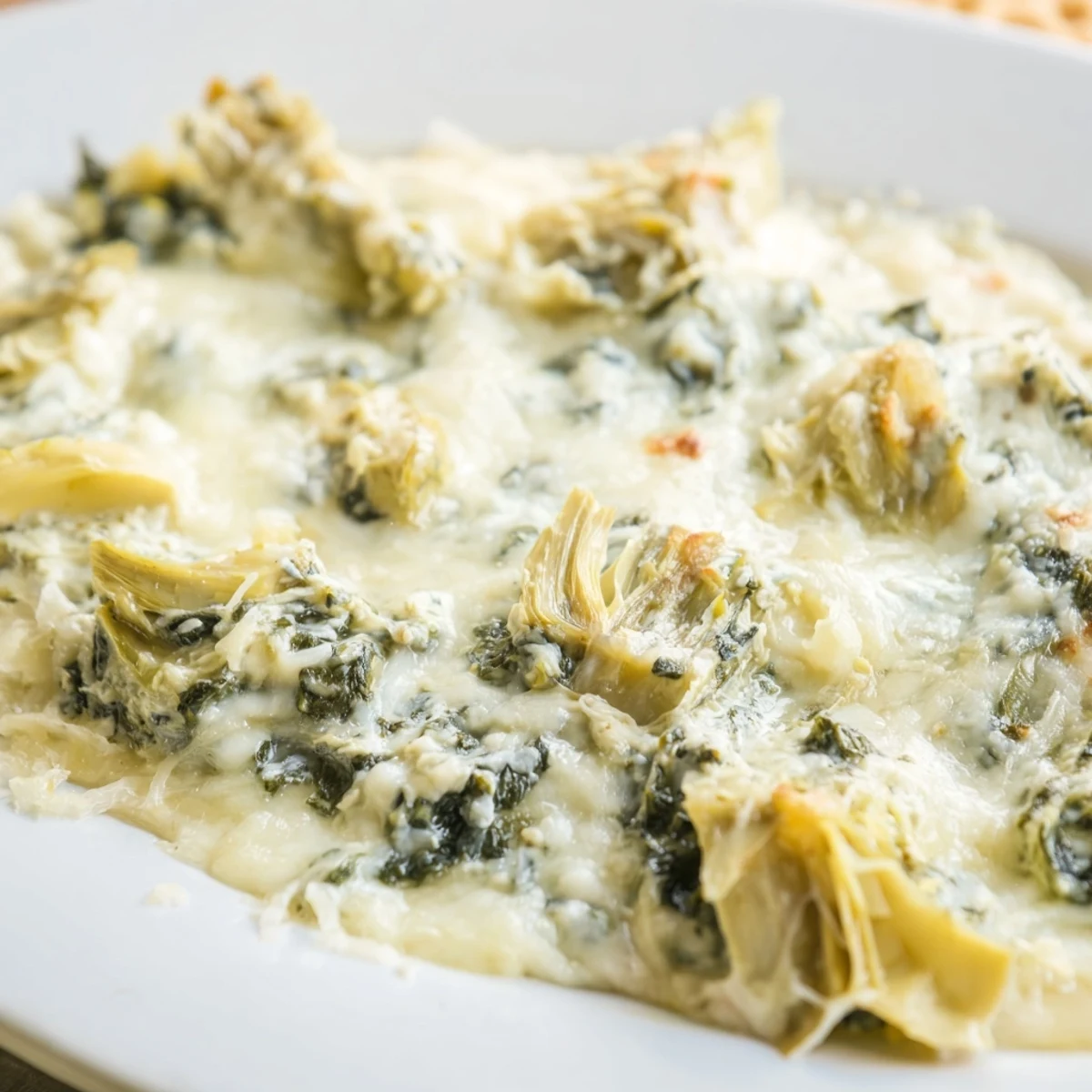 Close-up of a luscious, cheesy Spinach Artichoke Dip, perfect for a party appetizer spread.