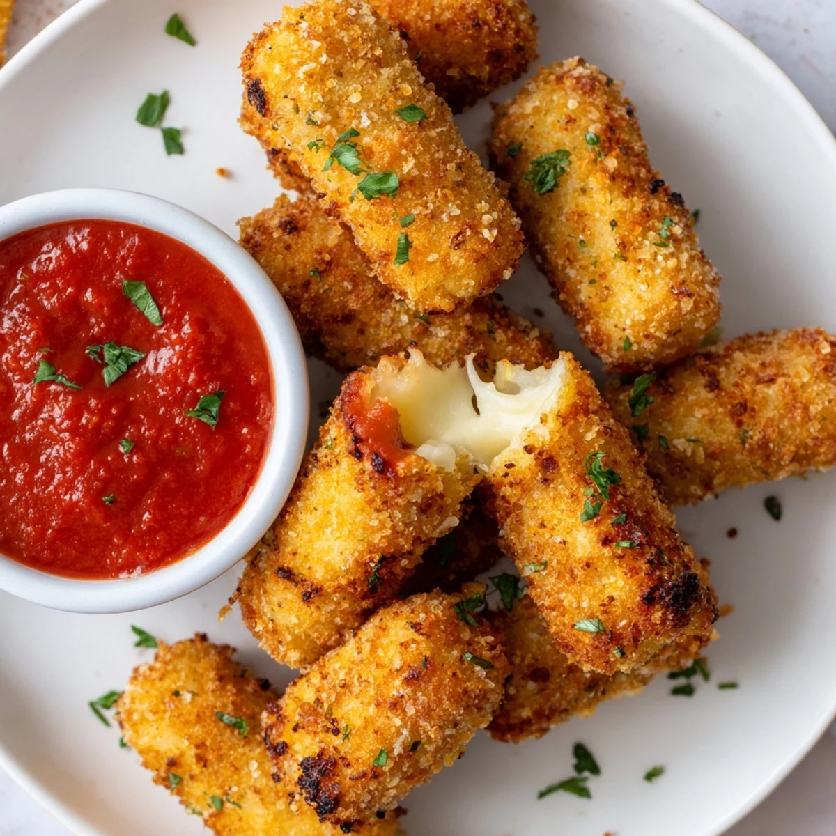 Golden and crispy air fryer mozzarella sticks, a perfect appetizer with warm marinara dipping sauce.