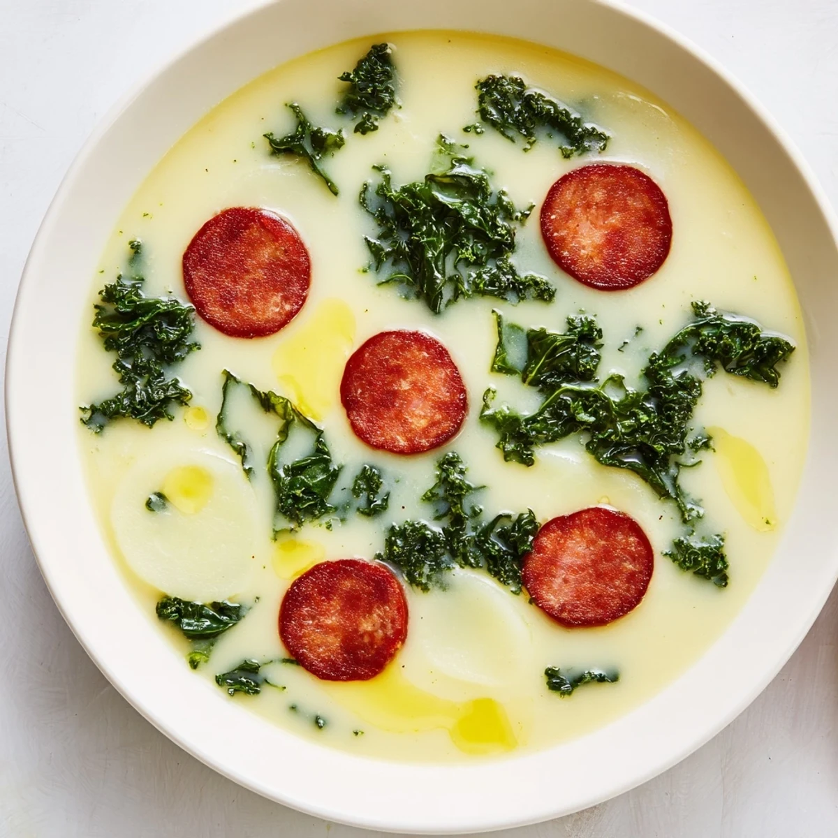 A steaming bowl of Portuguese Caldo Verde soup, with tender kale and smoky chorizo visible.