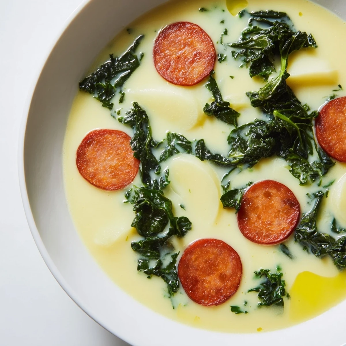 Enjoy a hearty, gluten-free bowl of Caldo Verde, beautifully garnished for serving.