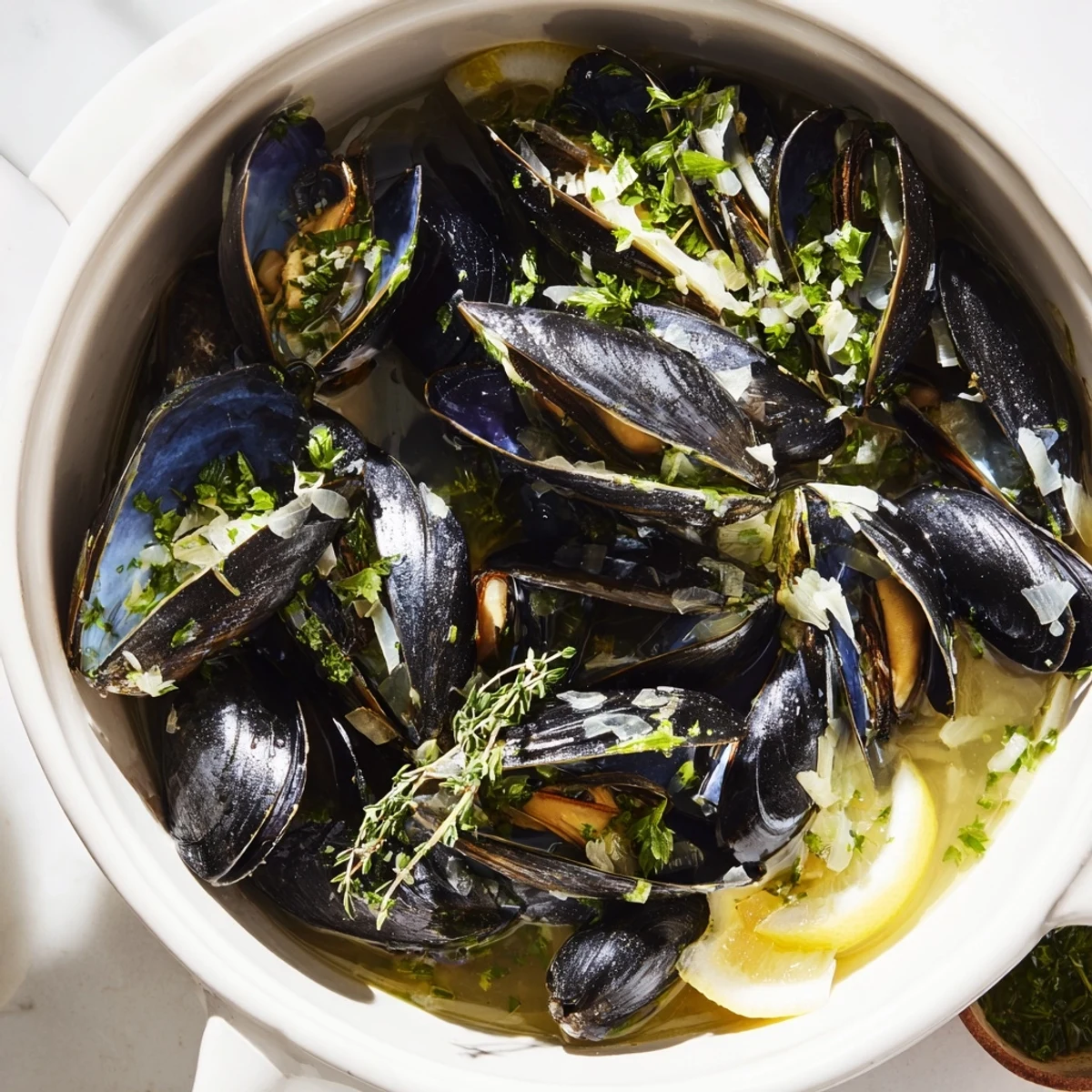 Steaming Belgian Moules Marinière with fragrant herbs and garlic, ready to serve with lemon wedges.