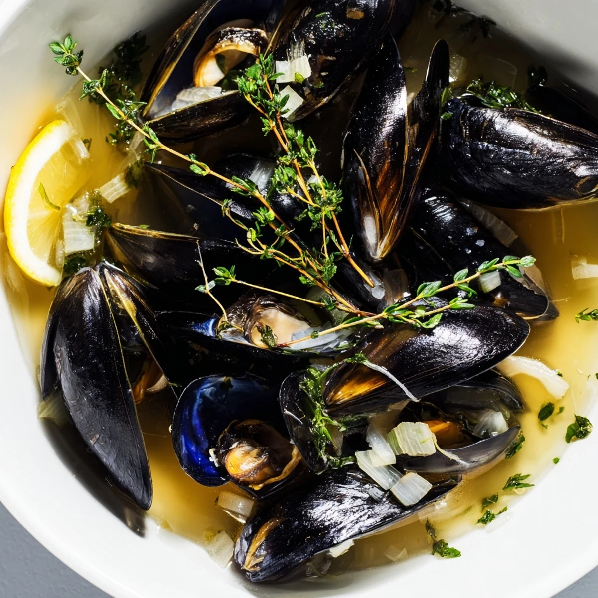 A steaming bowl of Belgian Moules Marinière, showcasing plump mussels in a savory, white wine broth.