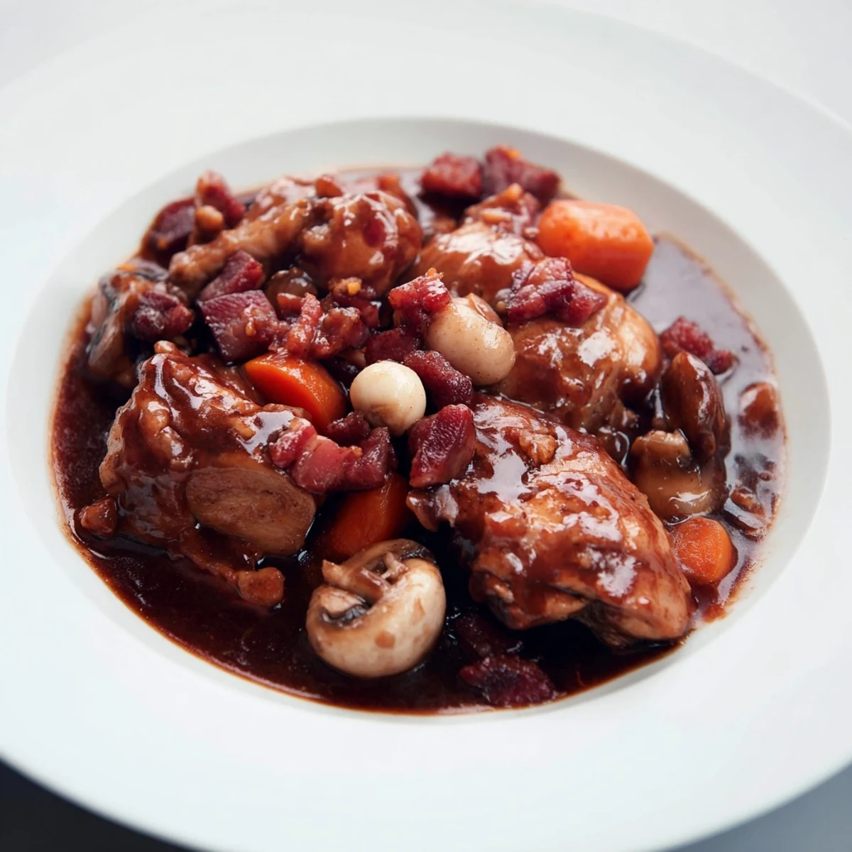 A hearty Coq au Vin, a rich French stew, with tender chicken and glistening pearl onions.