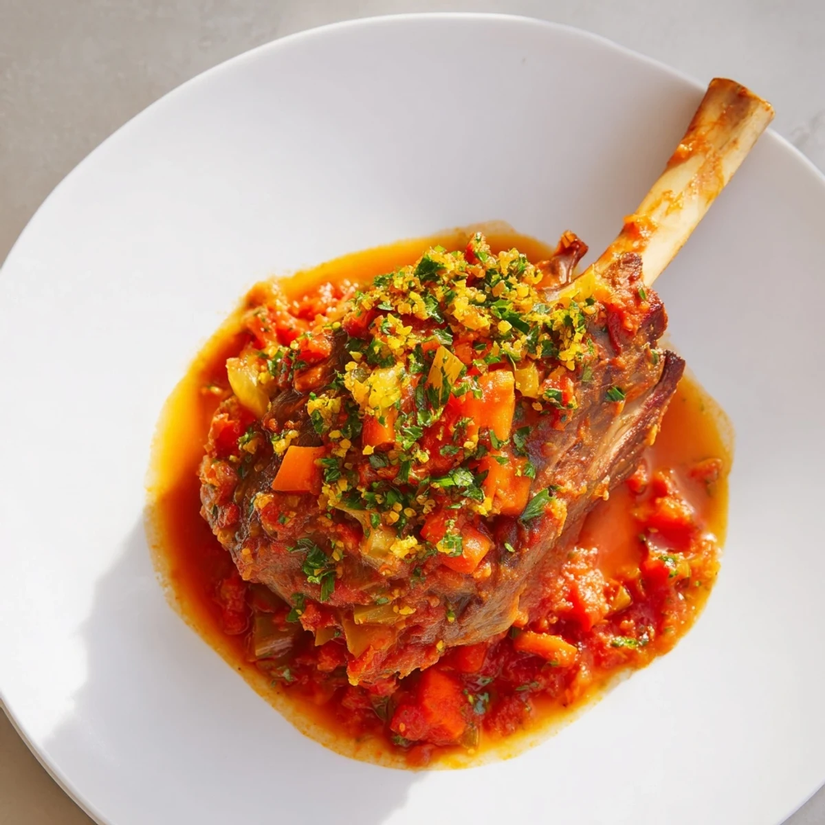 Tender Osso Buco served, envisioning the succulent veal with a bright gremolata and rich sauce.