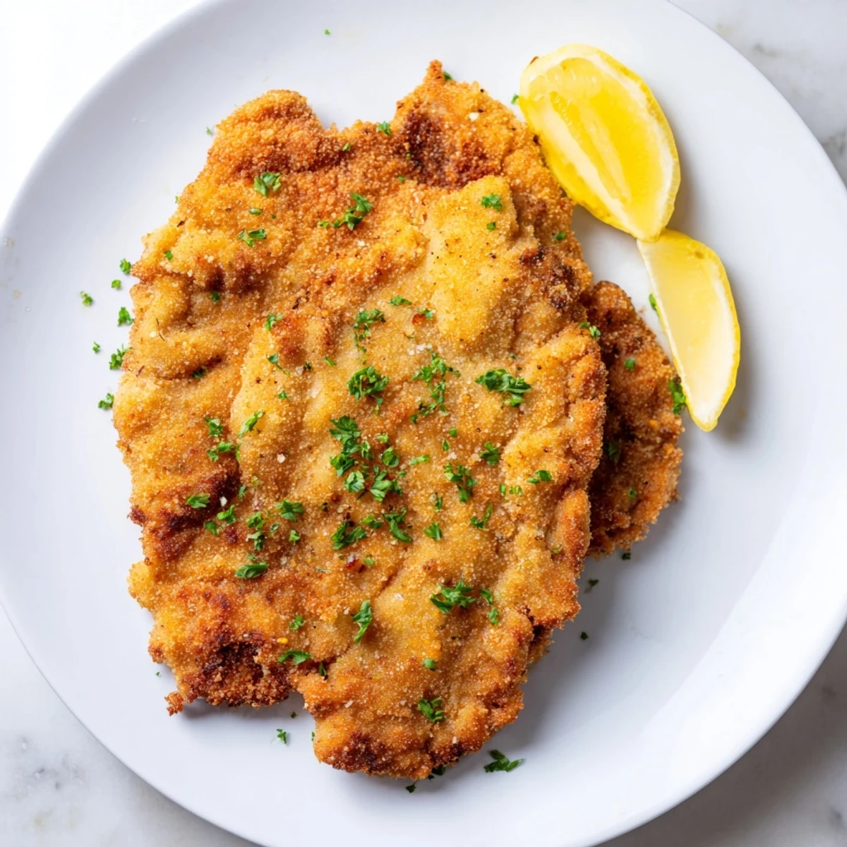 Golden-brown Austrian Wiener Schnitzel, perfectly fried and ready to be served with lemon wedges.