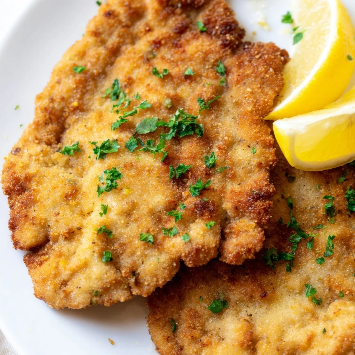 A close-up view of a freshly cooked Austrian Wiener Schnitzel, golden and incredibly flavorful.