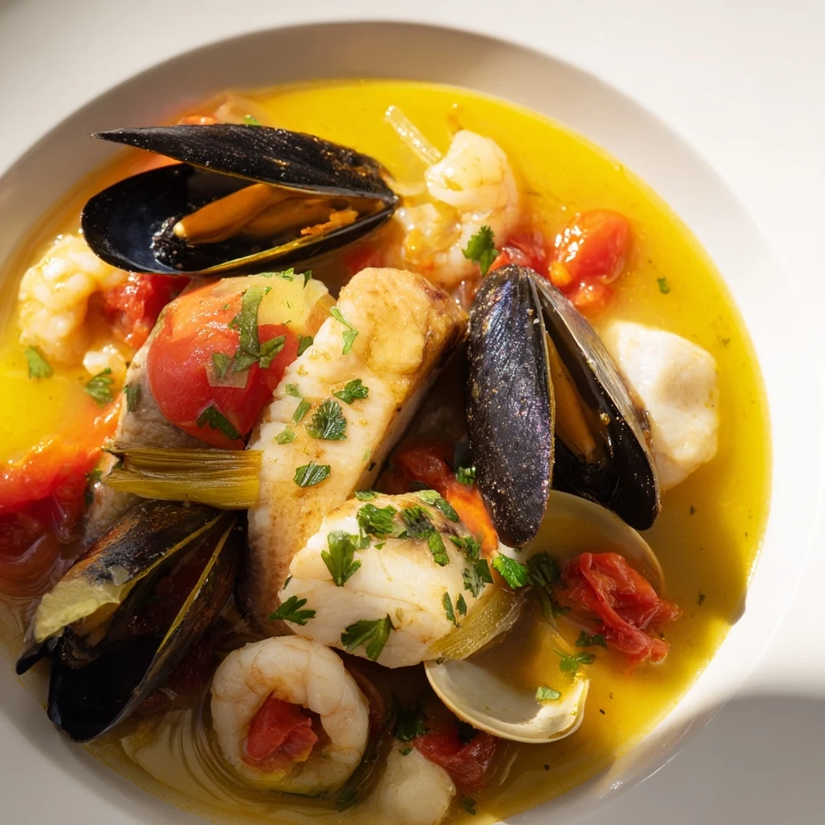 A vibrant bowl of bouillabaisse, overflowing with seafood stew and crusty bread for a delicious meal.
