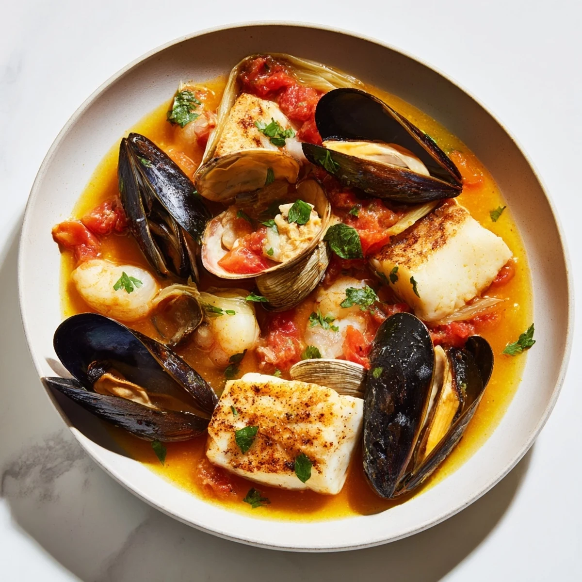 Steaming bouillabaisse, a flavorful Provençal fish stew with chunks of fish and shellfish, ready to serve.