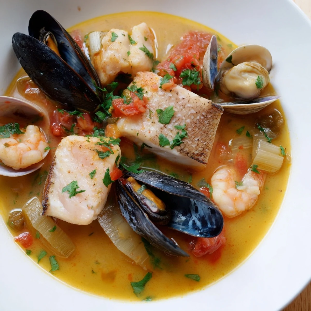Close-up of bouillabaisse, featuring colorful stew broth and garnished with fresh herbs, ready for a feast.