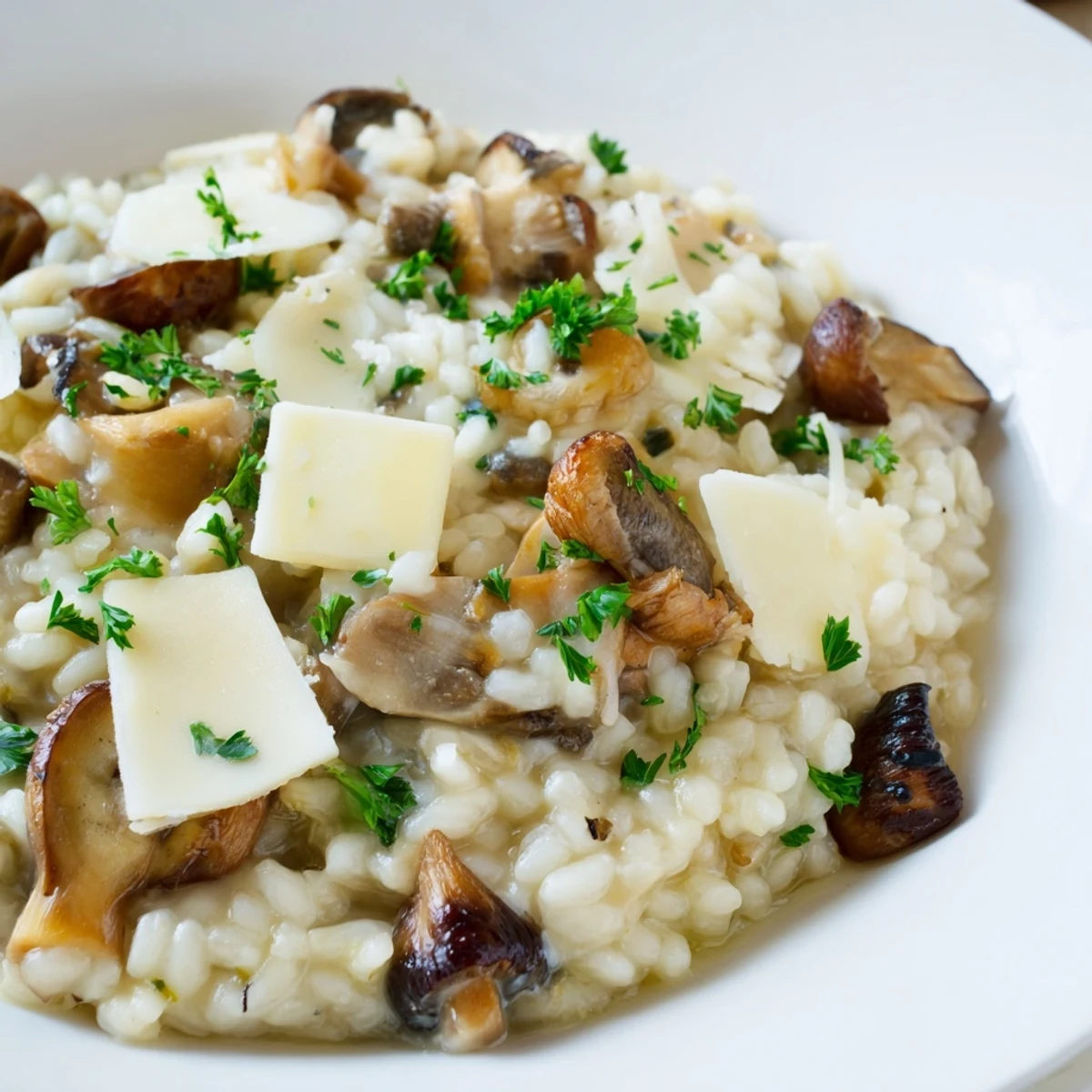 Creamy Italian Mushroom Risotto, showcasing beautifully browned mushrooms and Parmesan cheese, ready to serve.