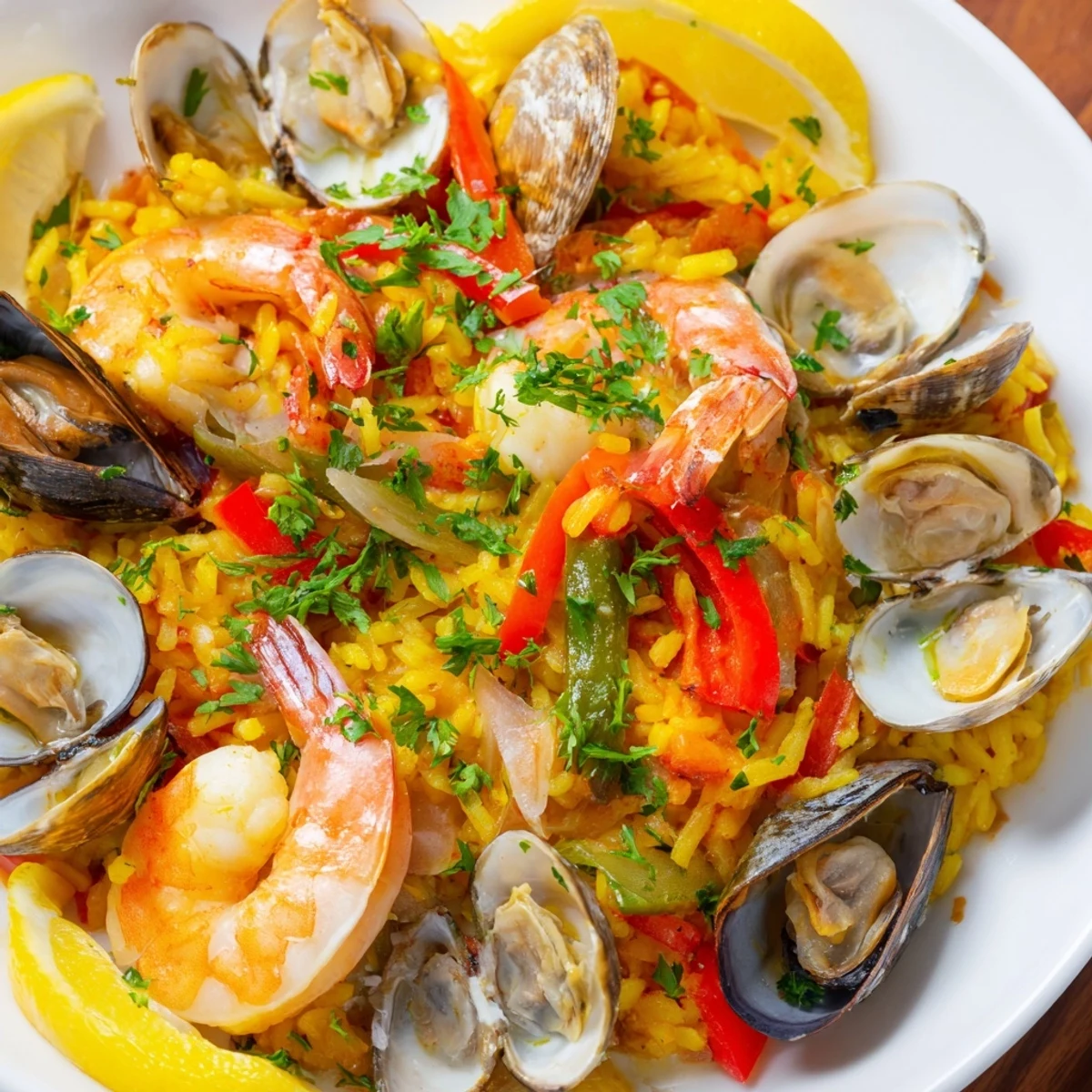 A generous serving of Spanish Seafood Paella, garnished with fresh parsley and lemon wedges.