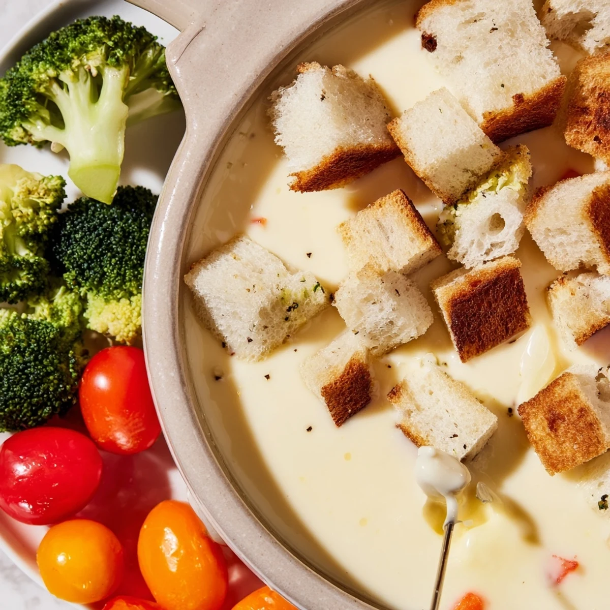 Warm, bubbling Swiss cheese fondue with crusty bread and crisp vegetables, ready for dipping.