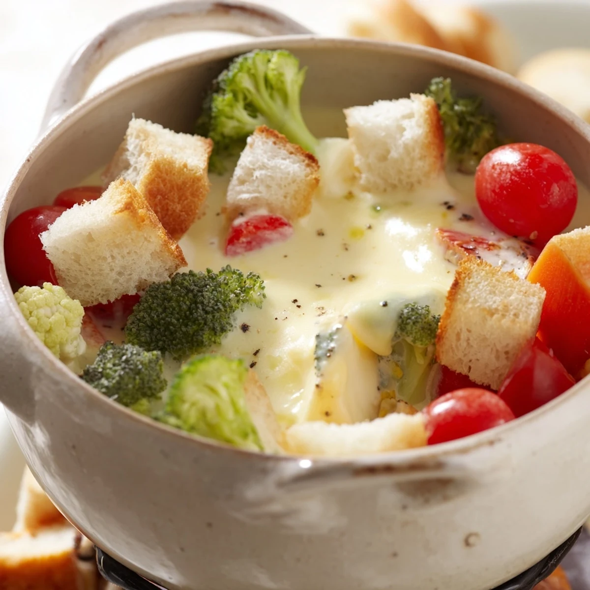 A close-up of creamy, melted Swiss cheese fondue, perfect for a cozy gathering of friends.