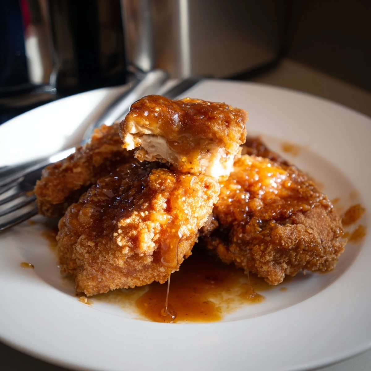 Golden crispy fried chicken thighs glistening with a sweet and spicy hot honey butter sauce, served on a white plate.