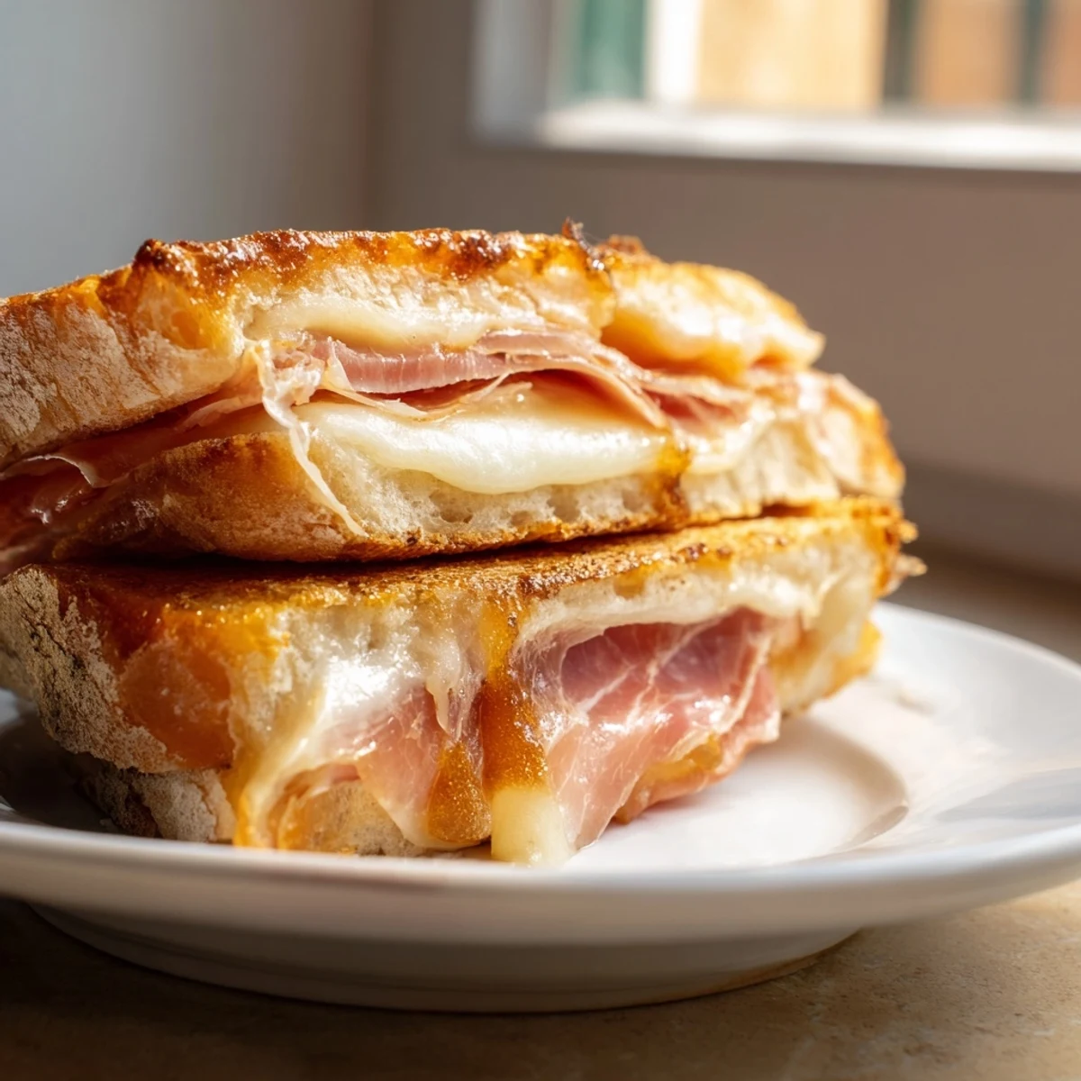 Golden, toasted Ciabatta slices reveal melted fontina cheese and savory prosciutto in this Crispy Prosciutto & Fig Panini.