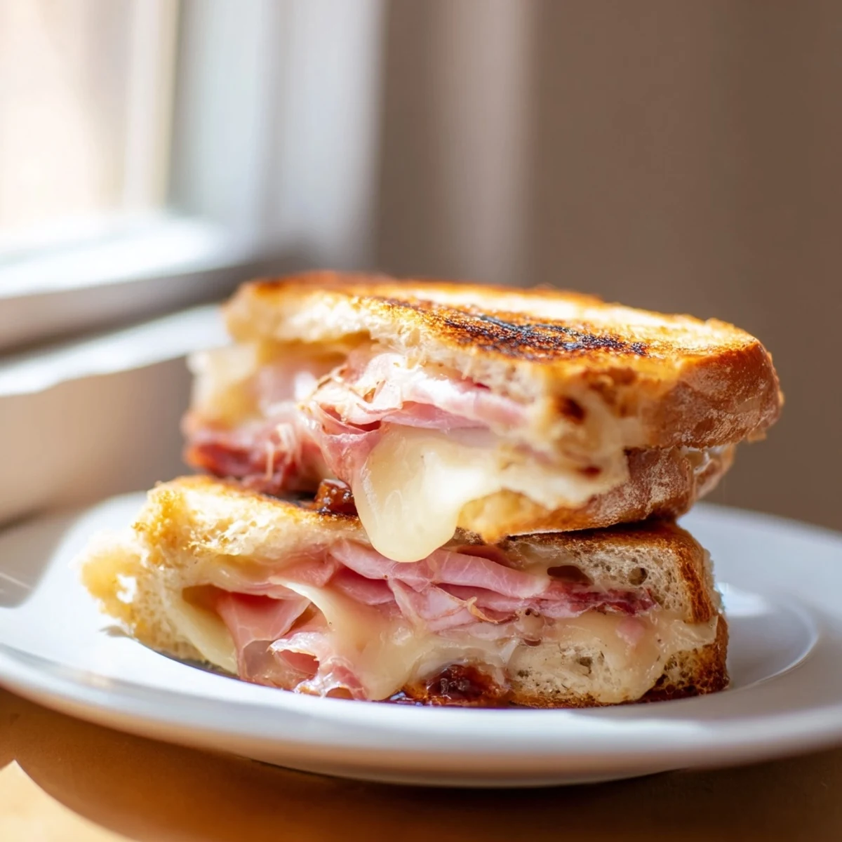 A close-up of the Crispy Prosciutto & Fig Panini, showcasing the sweet fig jam spread and warm, melted cheese.