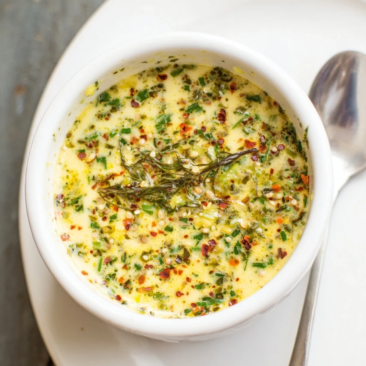 Creamy Cowboy Butter Sauce in a small skillet, simmering with minced garlic and aromatic herbs.