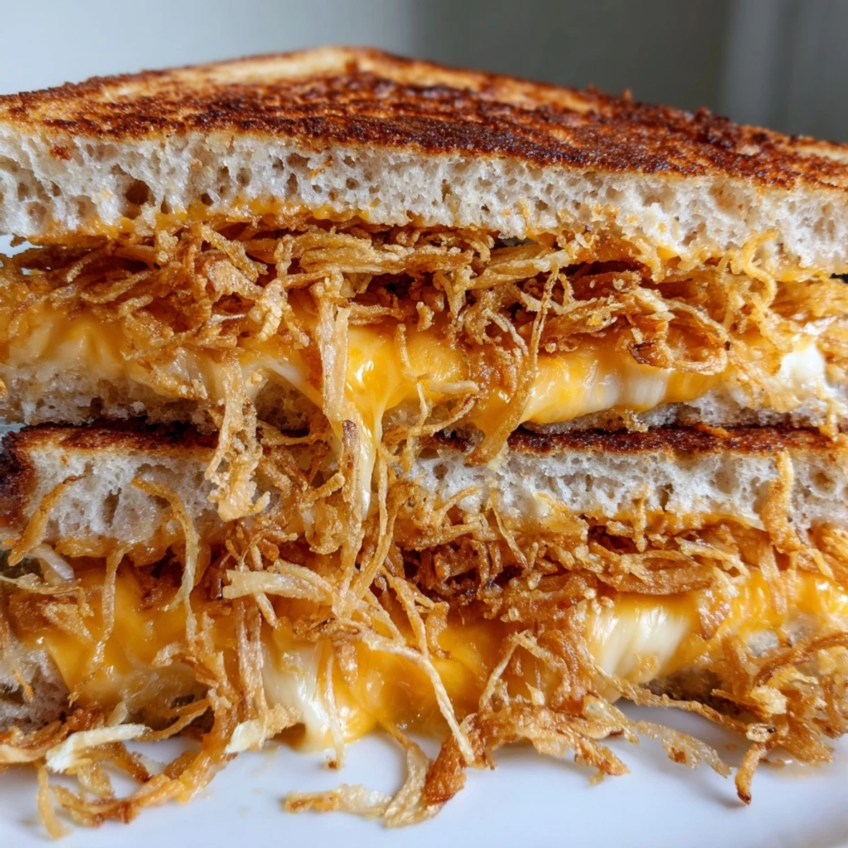 Golden-brown crispy fried onions peek from a toasted sourdough grilled cheese sandwich with melted cheddar and mozzarella.  