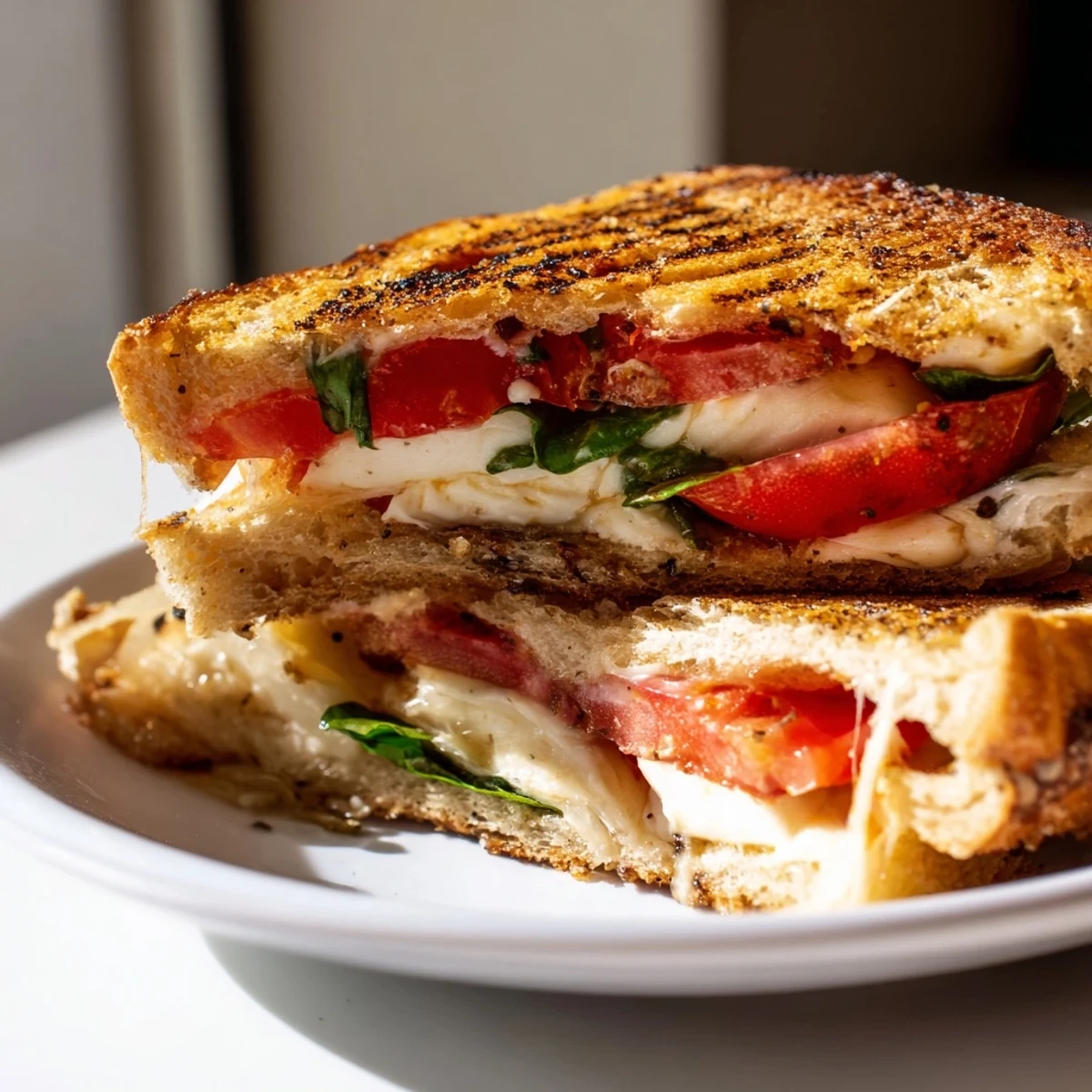 Golden-brown Panini Press Innovations sandwich with melted mozzarella, fresh tomato slices, and basil on toasted sourdough.  