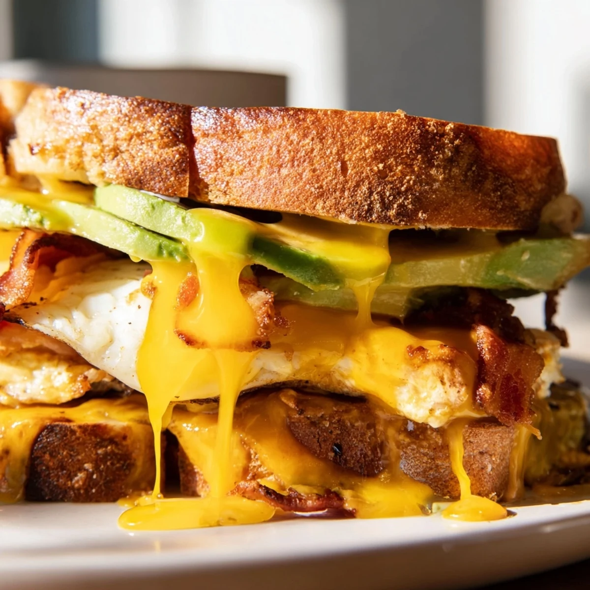 Golden-brown sourdough slices sandwiching a Loaded Breakfast Sandwich with crispy bacon, melted cheddar, creamy avocado, and a sunny-side-up egg.