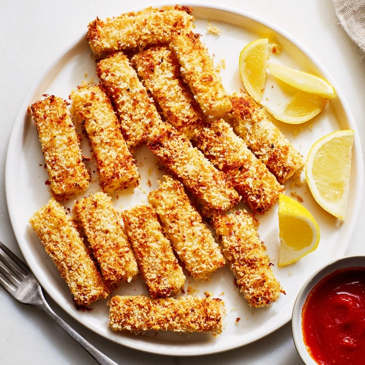 Golden, crispy panko-coated halloumi fries served hot with lemon wedges and a drizzle of spicy dipping sauce on a rustic wooden table.  