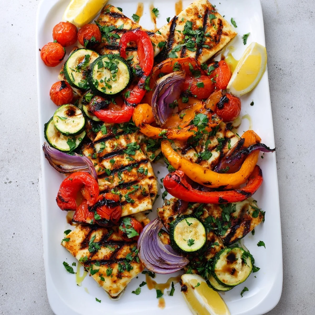 Golden-brown grilled halloumi cheese steak topped with vibrant red and yellow peppers, zucchini, and fresh parsley on a rustic platter.