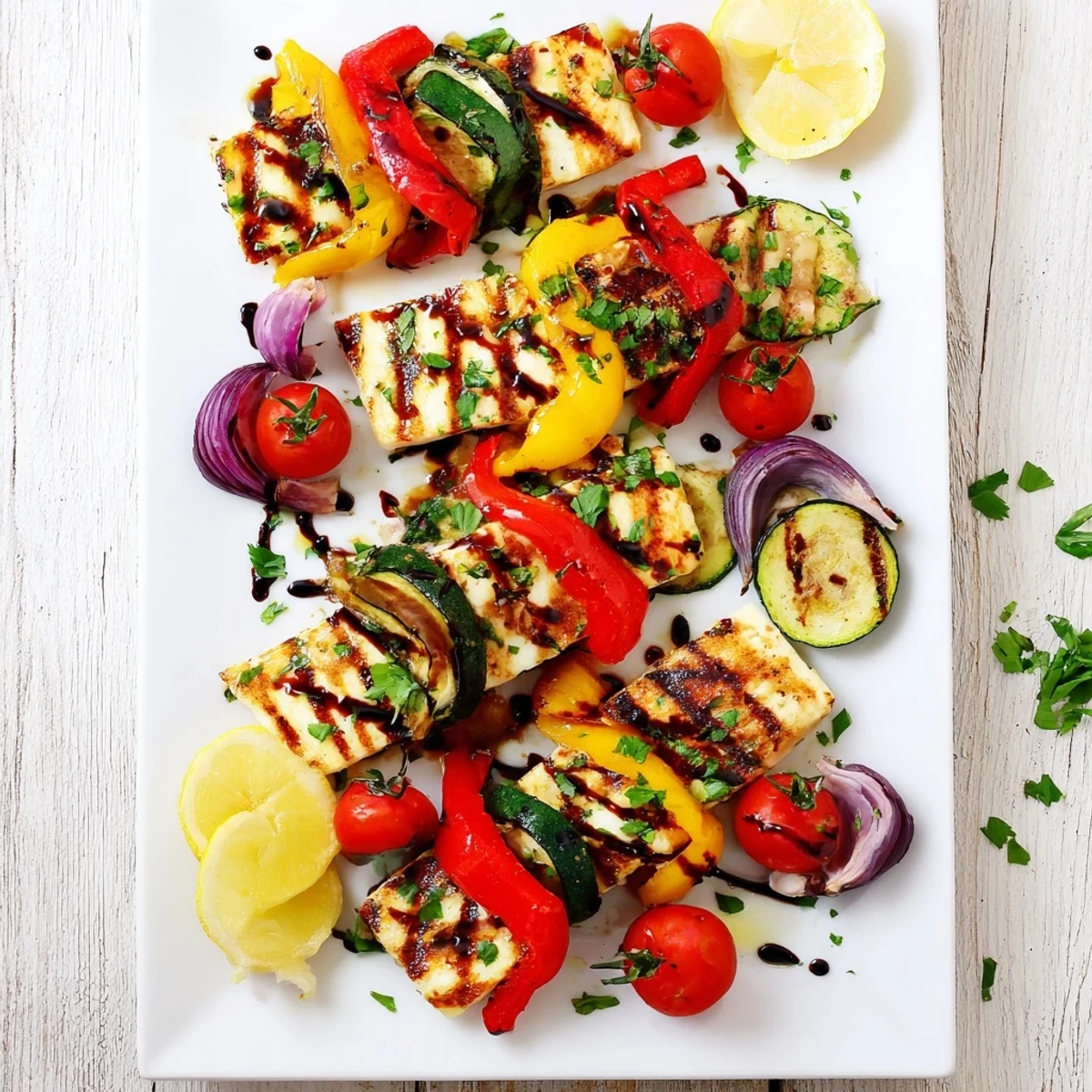Sizzling Mediterranean halloumi cheese steak with charred vegetables and lemon wedges, ready to serve as a hearty vegetarian main course.