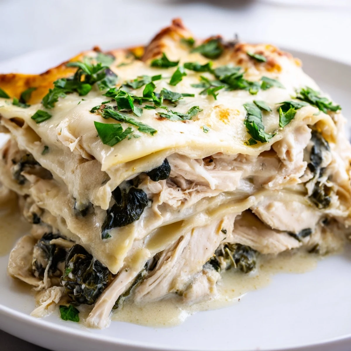 A top-down view of baked Chicken Alfredo Lasagna, showing golden, bubbly mozzarella and Parmesan topping.