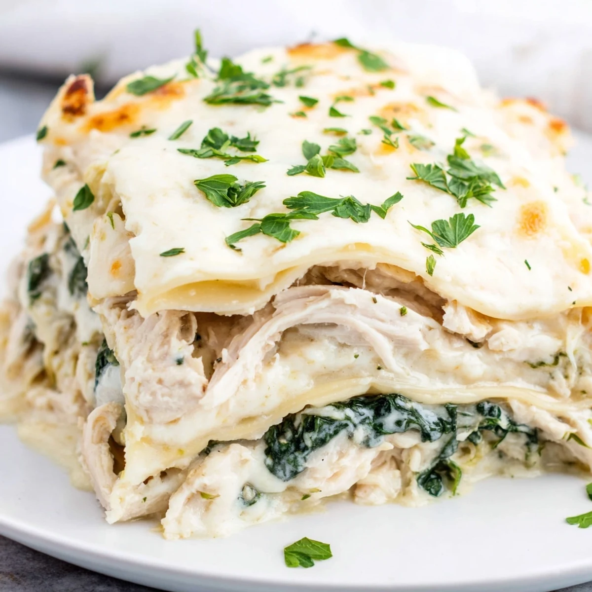 Layers of tender chicken, spinach, and creamy Alfredo sauce between pasta sheets in Chicken Alfredo Lasagna.