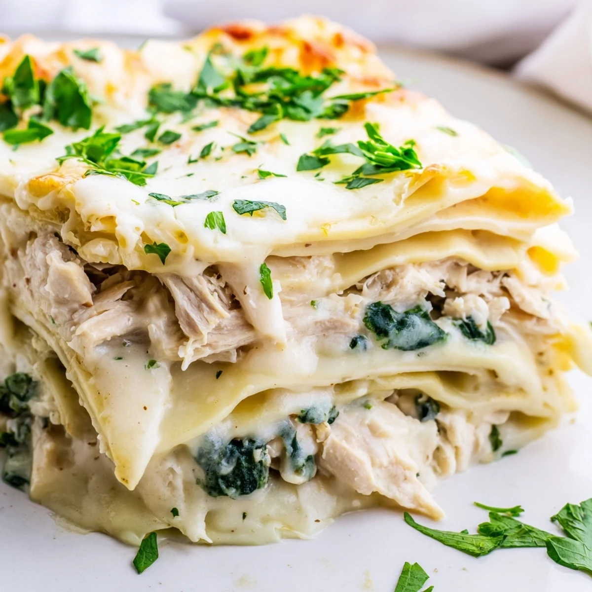 A hearty slice of Chicken Alfredo Lasagna on a white plate with fresh parsley garnish and a green salad.