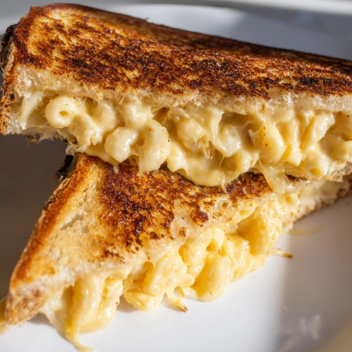 Creamy homemade macaroni and cheese melts between golden, buttery sourdough slices in this hearty Mac & Cheese Grilled Cheese sandwich.