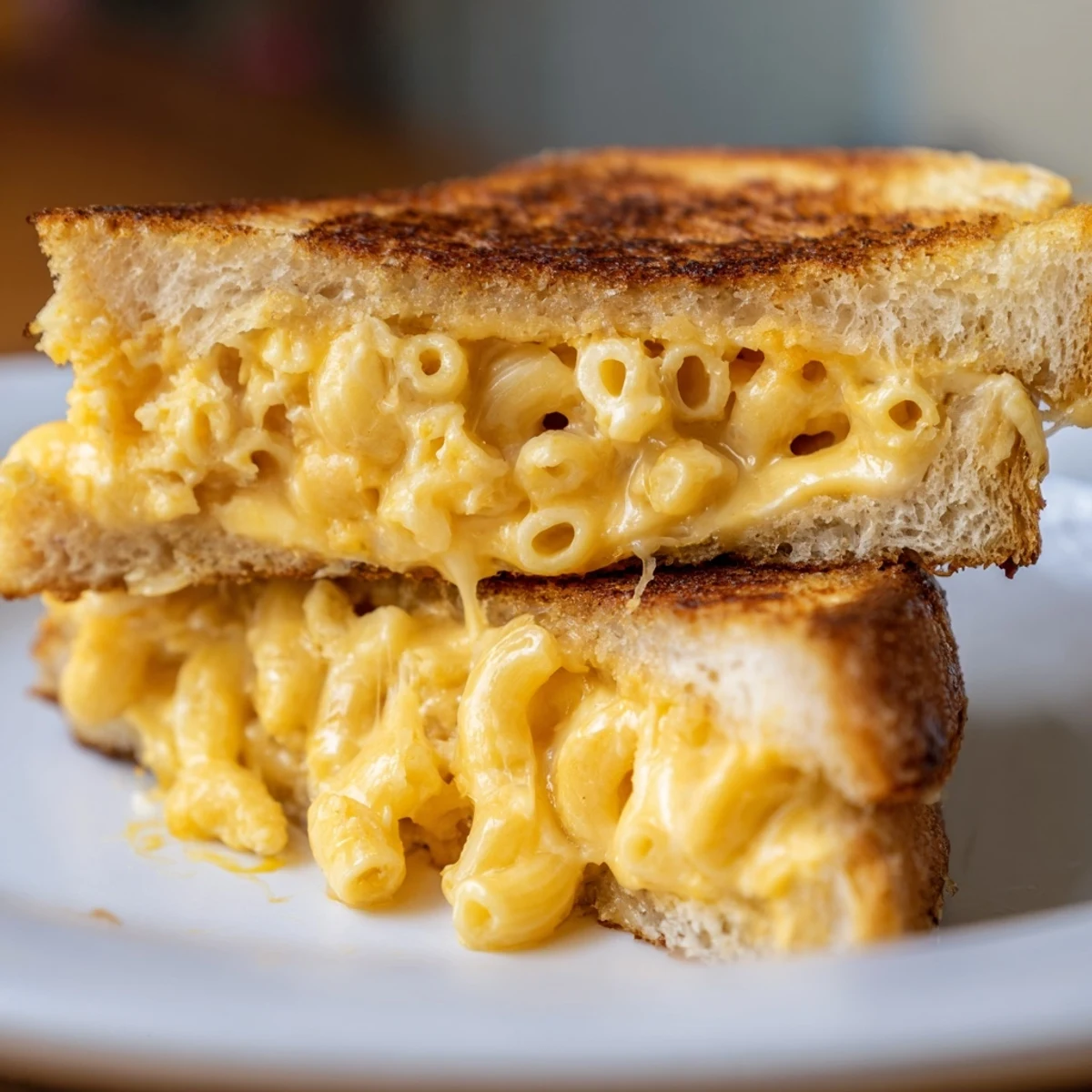 Sizzling on a hot griddle, this golden Mac & Cheese Grilled Cheese oozes with cheddar and offers a crunchy, comforting bite perfect for lunch.