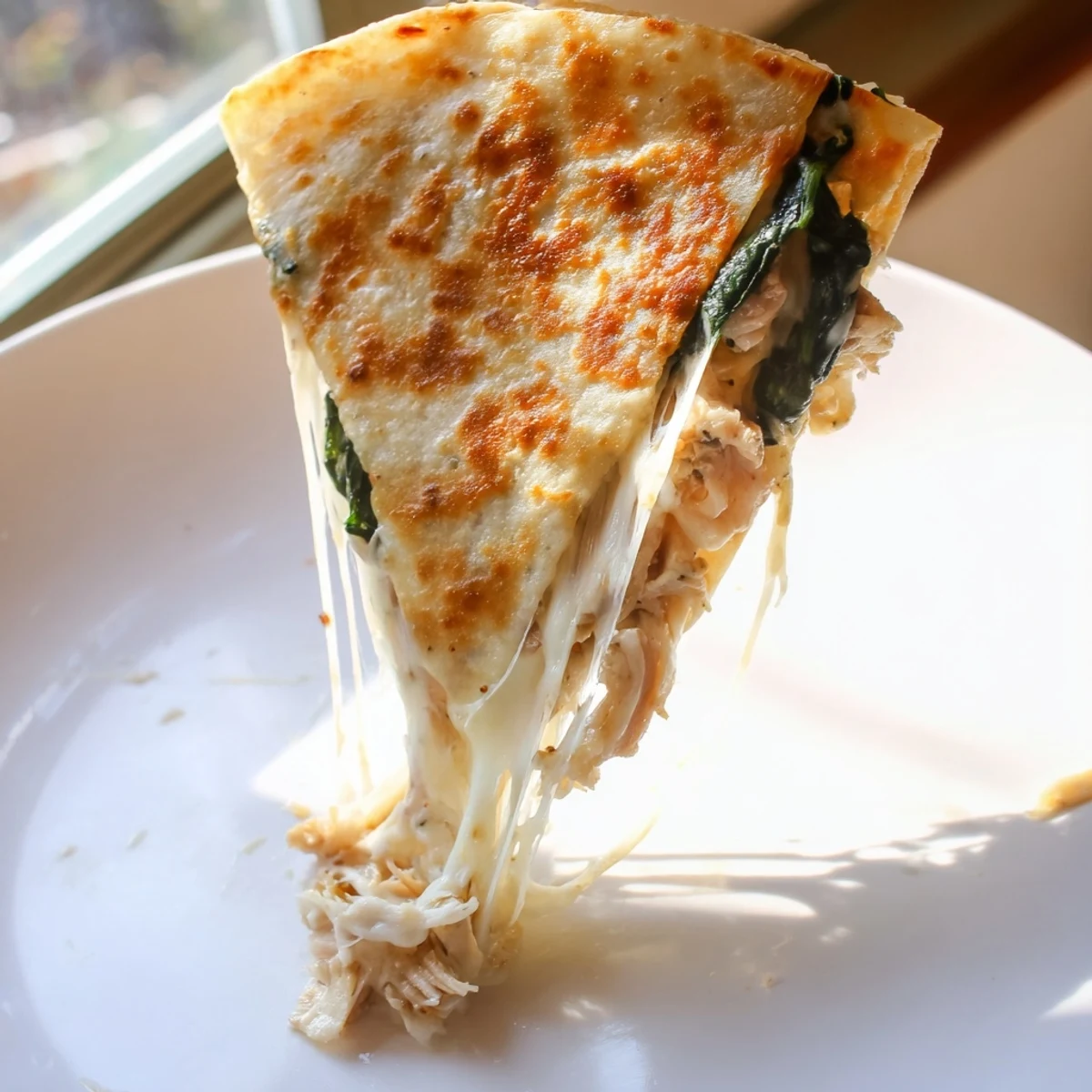 Tender spinach and juicy chicken fill crispy flour tortillas, ready for dipping into salsa.